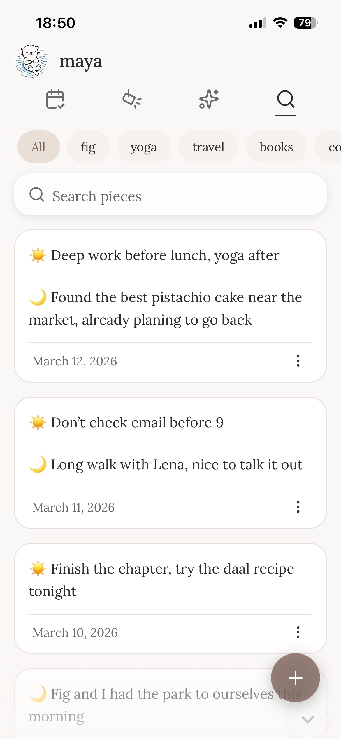 Search view with piece list and tag filters