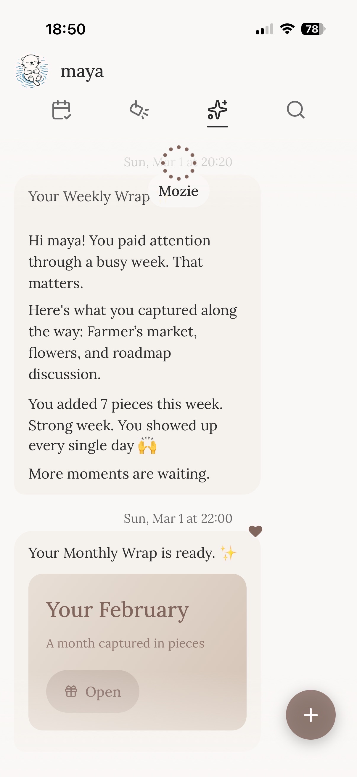 Mozaic insight view showing weekly and monthly wraps